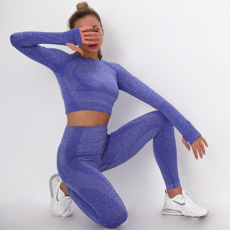 Conjunto de Yoga sin costuras para mujer, trajes deportivos para Fitness, tela para gimnasio, camisetas de manga larga para Yoga, mallas para correr de cintura alta, pantalones de entrenamiento, sujetador