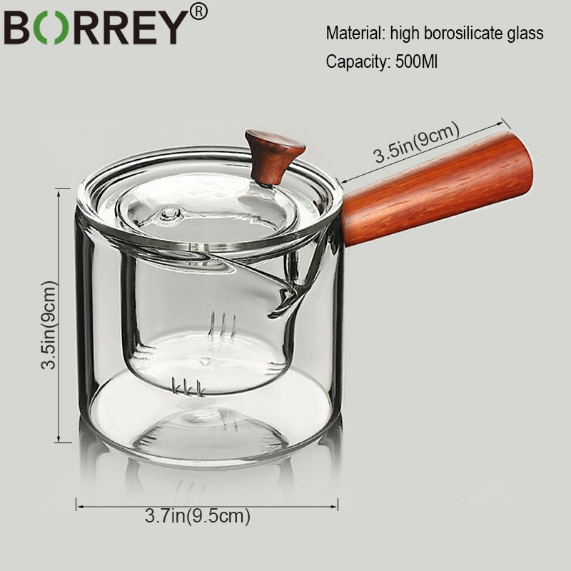 Tetera de vidrio BORREY de 500Ml con filtro de revestimiento para infusor, tetera de vidrio con mango de madera, juego de té para hervir en la oficina, tetera, tetera