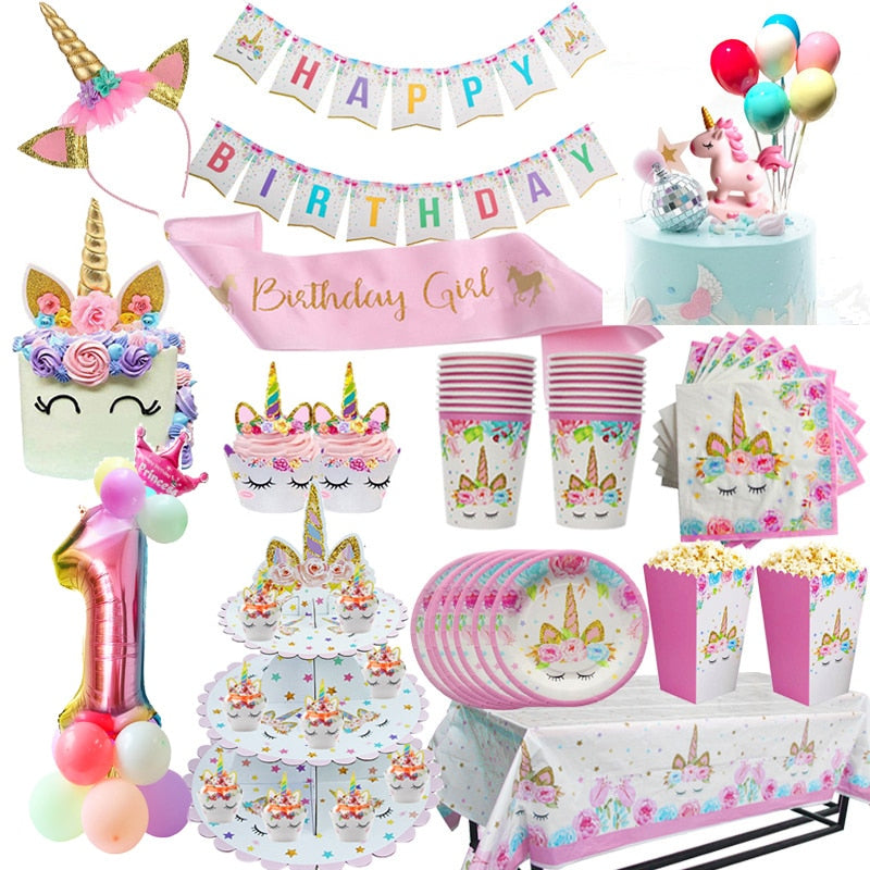 Unicorn Party 3-tier Cup Cake Stand Paper Plates Cups Balloon Birthday Party Decoration Kids Unicornio Party Girls Baby Shower