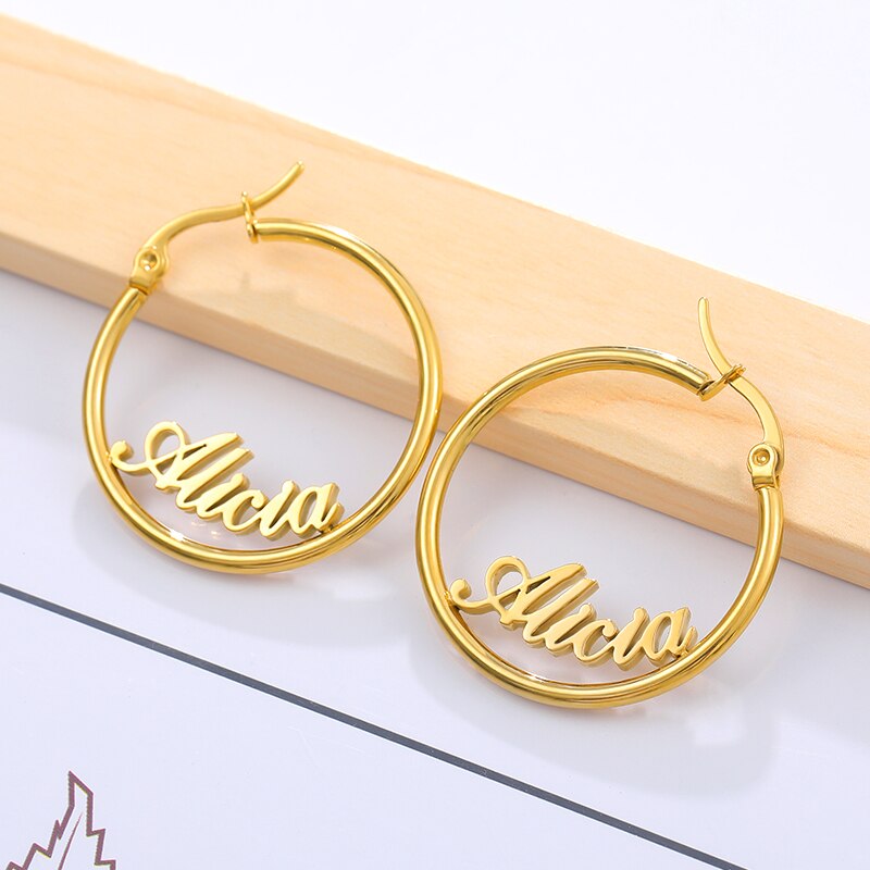 Personalized Name Stainless Steel Letter Stud Earrings For Women Fashion Custom Name Piercing Earrings Nameplate Open Round