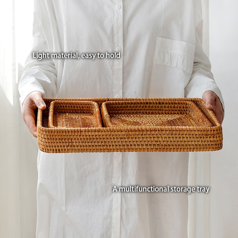 Handwoven Rattan Storage Tray Square Wicker Basket Bread Food Plate Fruit Cake Platter Dinner Serving Tray Kitchen Decoration