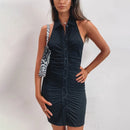 Fantoye negro sin espalda Halter Mini Vestido fruncido mujeres 2021 elegante sin mangas mujeres Vestido ajustado primavera vestido de un solo pecho