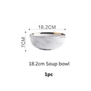 Bandeja de comida de cerámica de mármol dorado, platos de cocina, platos de cena, arroz, ensalada, fideos, tazón de sopa, cucharas, herramienta de cocina