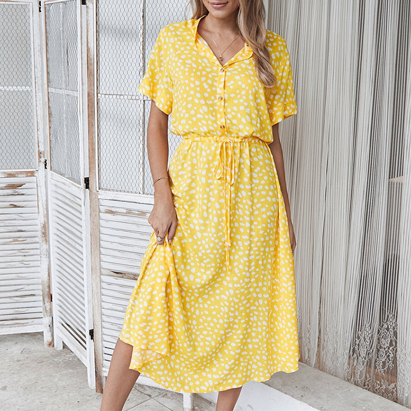 Fashion Women Dresses Summer Boho Dot Print High Waist Shirt Dress Casual Holiday Beach Short Sleeved Female Midi Dress