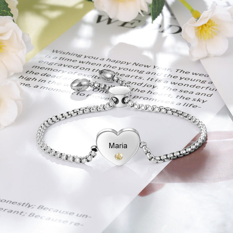 Personalized Engraved Name Heart Bracelet with Birthstone Stainless Steel Adjustable Chain Bracelets for Women Custom Jewelry