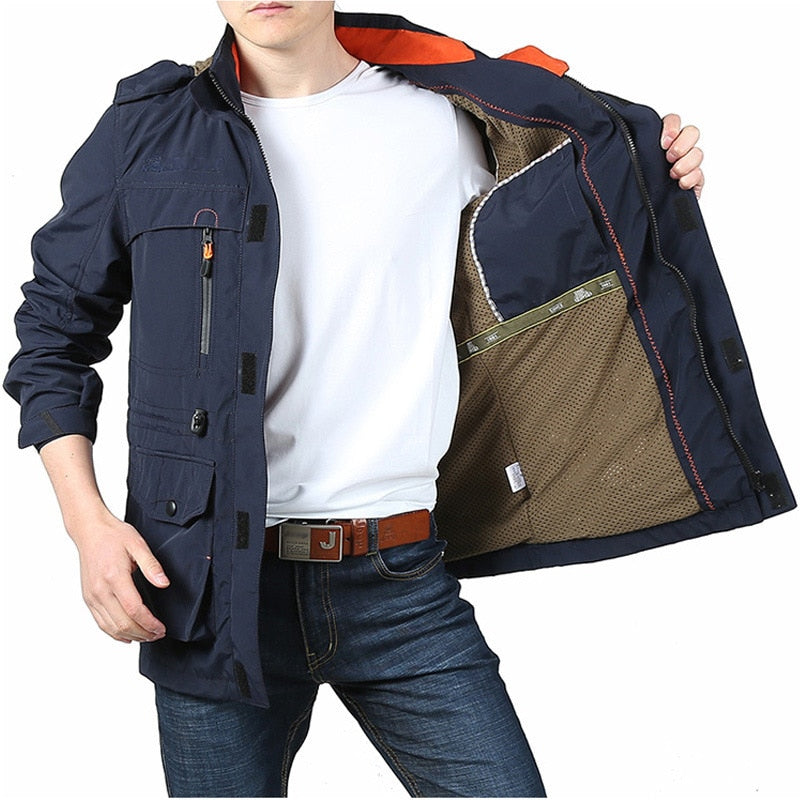 Spring Men Military Tactical Jackets Multi-Pockets Waterproof Casual Windbreaker Mens Coat Outdoor Hooded