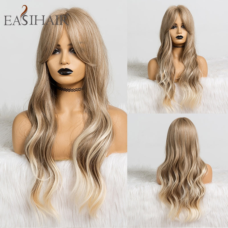EASIHAIR Long Wavy Blonde Ombre Wigs High Density Synthetic Wigs for Women Cosplay Wigs Brown Heat Resistant Natural Hair Wig