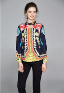 Summer Women Slim Blouses Tops Baroque Print Runway Long Sleeve Shirt Ladies Collar Elegant Vintage Office Shirts Work Wear