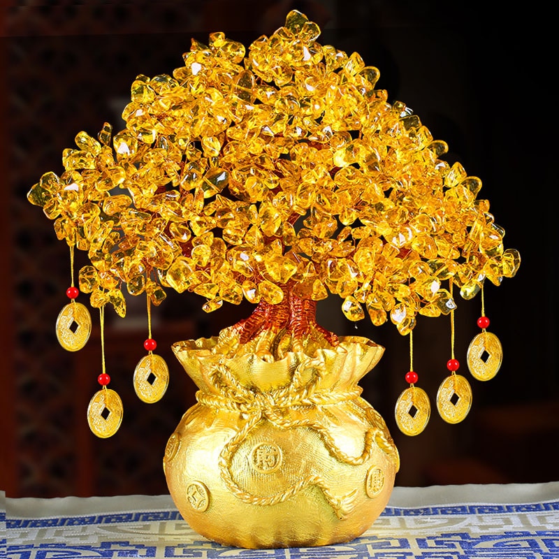 Árbol de la suerte de 19/24cm, árbol de cristal amarillo de la riqueza, adornos de árbol del dinero Natural, estilo bonsái, riqueza, suerte, Feng Shui, adornos artesanales
