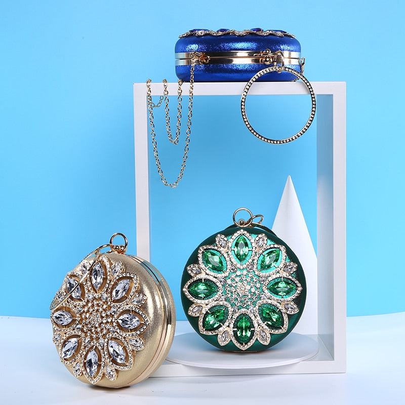 Green Clutch Bag Women Round Clutch Purse Evening Bag Crystal Wedding Purse and Handbag Exquisite Chain Shoulder Bag ZD1244