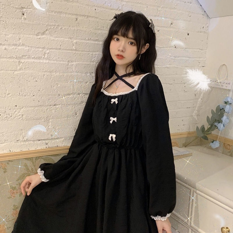 Vestido gótico Lolita japonés para mujer, vestido negro de gasa Vintage Kawaii, vestido informal de manga larga Y2k, nuevo otoño 2020 para mujer