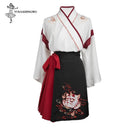 Japanese Dress Kimono Woman Black White Cat Embroidery Skirts Vintage Asian Clothing Yukata Haori Cosplay Party 2 Pieces Sets