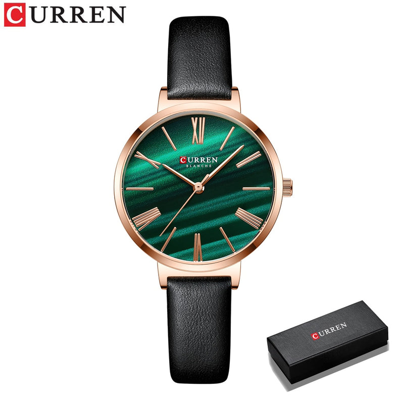 CURREN Fashion Luxury Watches for Women Malachite Green Quartz Dress Bracelet Wristwatch with Leather Female Clock