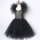 Solid Black Halloween Costumes Kids Girls Tutu Dress Ankle Length Dresses Devil Costume Cosplay Outfits Horns Wings