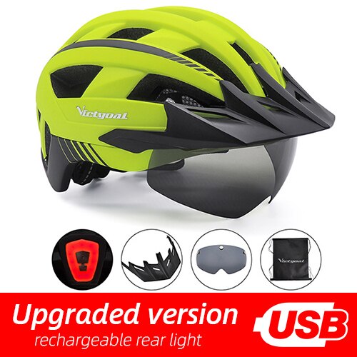 Victgoal Bicycle Helmet LED Moutain Road USB Rechargeable Light Cycling Helmet For Man Sun Visor Goggles Men MTB Bike Headgear