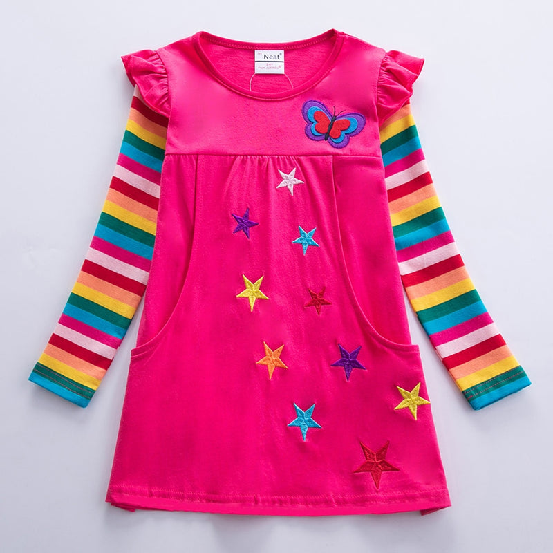 Girls Long Sleeve Star Embroidered Dress Girls Autumn New Style Two Pocket Rainbow Striped Sleeve Cotton Dress LH5809