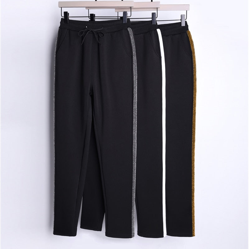 OUMENGKA Winter Cashmere Harem Pants Women Casual Thick Warm Lambskin Cashmere Black Side Striped Loose Plus Size S-5XL Trousers