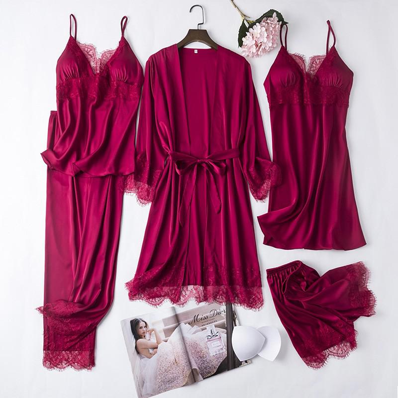 Satin Lady Robes Suit Sexy Kimono Bathrobe Gown Full Slip Lace Nightwear With Strap Nightgown Lingerie Summer Sleepwear With Bow