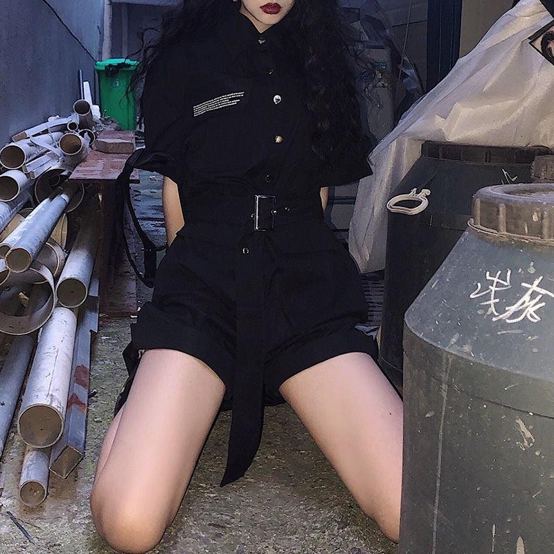 Black Jumpsuit Women Korean Harajuku Vintage High Waist Cargo Pants Short Sleeve Tops Streetwear Rompers Suit Clothes