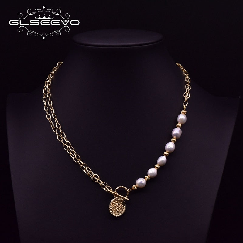 GLSEEVO Handmade Fresh Water Pearls 2 Layer Chains Asymmetry Pendant Necklace For Women Girls Bohemia Jewellery For Party GN0196