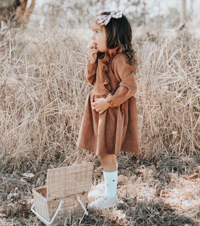 Humor Bear Autumn Winter Toddler Girl Dress Long Sleeve Cotton Ruffles Princess Dress Kids Corduroy Pleated Fashion Baby Dress