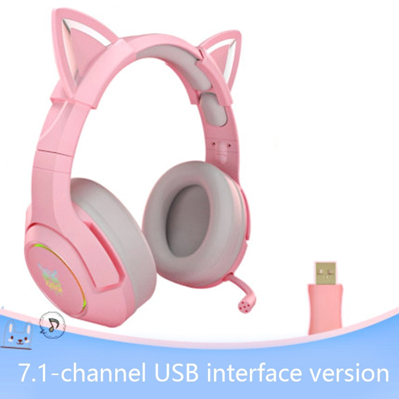 RGB Gaming 7.1 Stereo-Kopfhörer Rosa Headset Abnehmbares Katzenohr USB-Kabel mit Mikrofon-Rauschunterdrückung Für PS4/Xbox ein süßes Mädchen