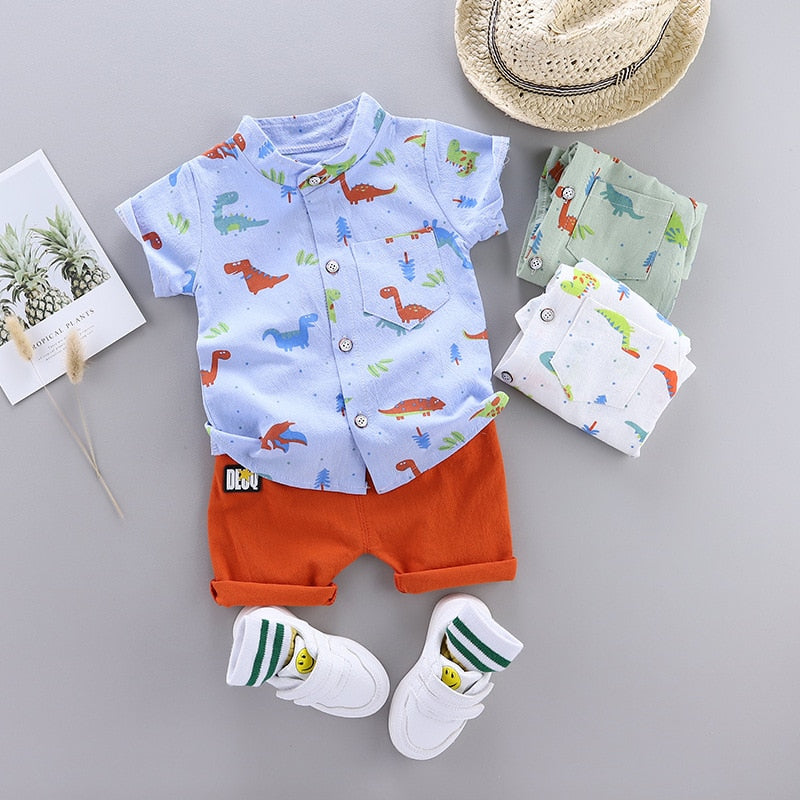 Summer Baby Boy Clothes Set Infant Cartoon Dinosaur Print Short Sleeve Shirt + Pants 1 2 3 4 Years Kid Toddler Boys Outfit