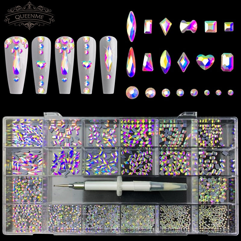 21 Grids Crystals Diamonds Nail Rhinestones Set 3100pcs FlatBack Rhinestones Kit Sparkling Nail Art With 1 Pen For Decorations