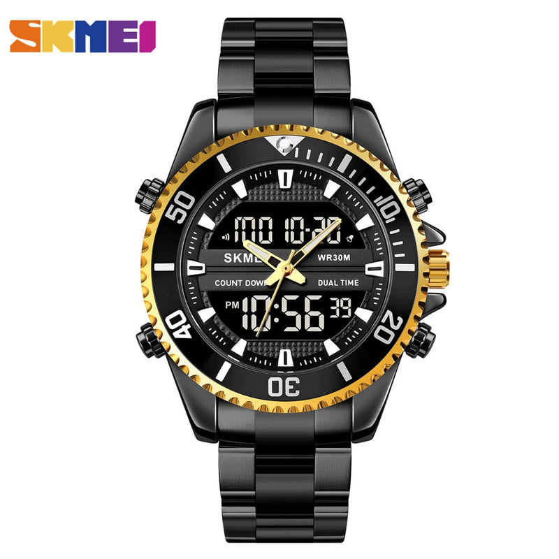 SKMEI Dual Display Watches Mens Fashion Digital Wristwatches Chrono Alarm Men Clock Waterproof Stainless Steel Relogio Masculino