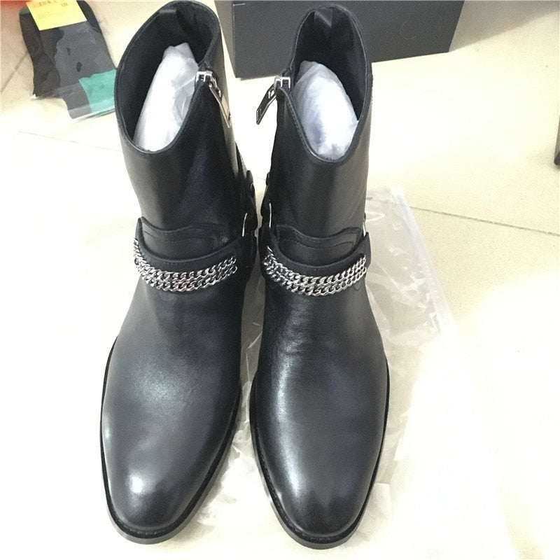 Black&amp; Street High Top Handmade Wyatt Harry Buckle Ring Strap Men Chelsea Boots Wedge Leather Denim Banquet Harness Boots