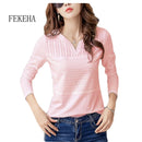 FEKEHA Weißes T-Shirt Frauen Frühling Herbst Baumwolle Weibliche Langarm T-Shirts V-Ausschnitt Damen Tops Lässige T-Shirts