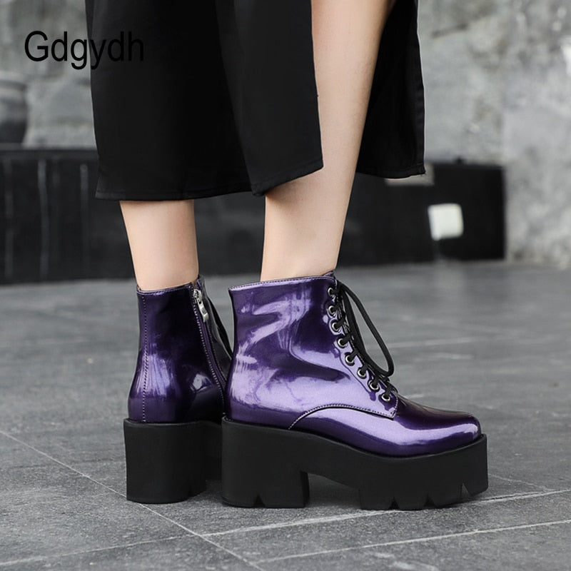 Gdgydh, botines de mujer con tacón de plataforma de estilo Punk, botas gruesas de moto para mujer, zapatos de charol morado amarillo, talla grande