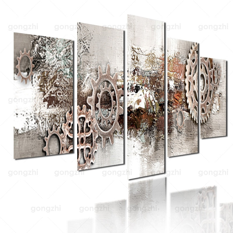 5 Stücke Abstraktes Design Sense Metal Gear Industrierohr Modernes Heimwandbild Wohnzimmerdekoration Rahmenloses Leinwanddruckplakat