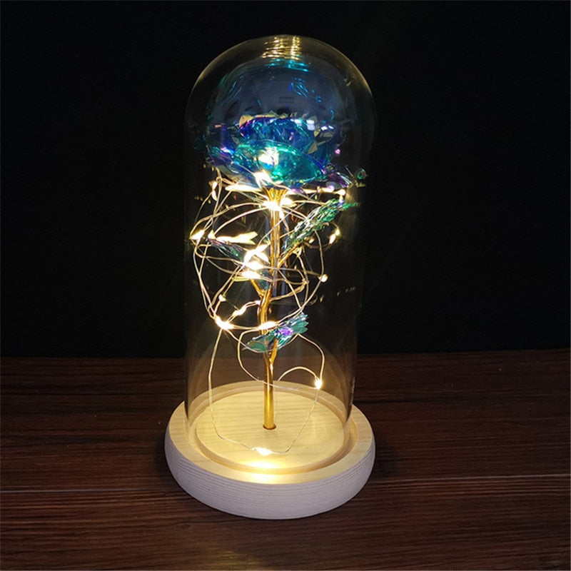 LED Enchanted Galaxy Rose Eternal 24K Gold Foil Flower con cadena de luces en cúpula para decoración del hogar Navidad regalo del Día de San Valentín