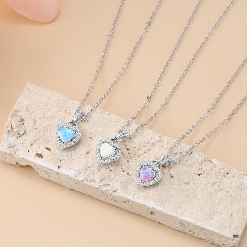 Silber Farbe Halsketten Herzform Weiß Rosa Blau Opal Halsketten &amp; Anhänger mit Zirkonia Modeschmuck Geschenk für Frauen