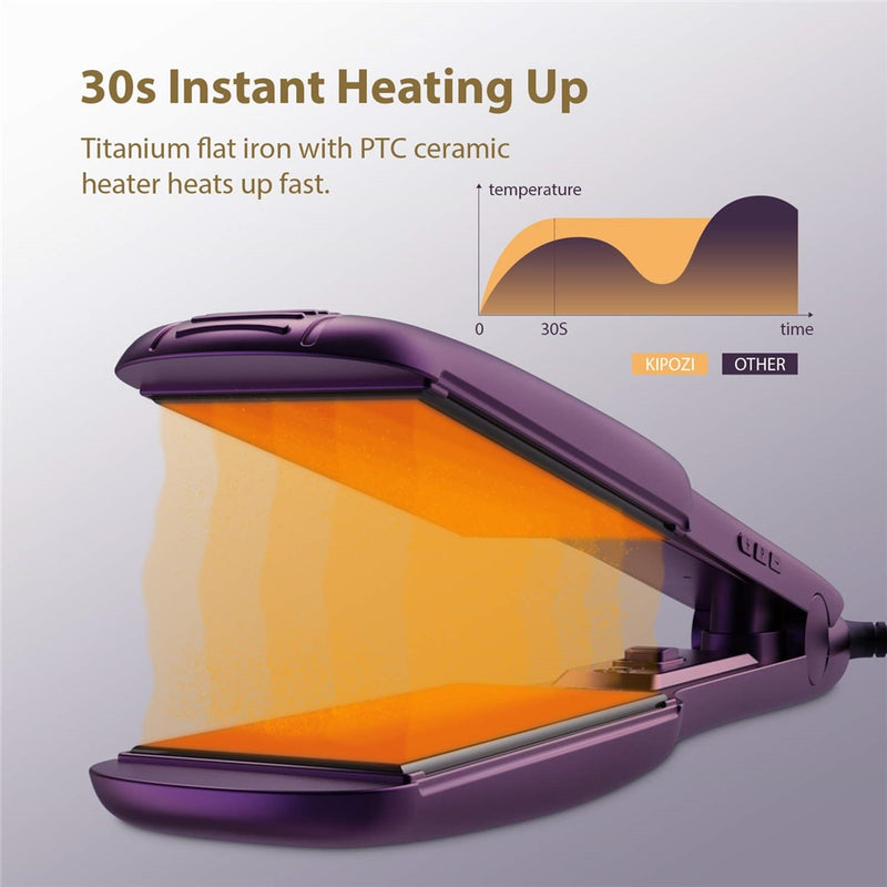 Plancha de pelo de hierro plano de titanio profesional KIPOZI con pantalla LCD Digital rizador de calentamiento instantáneo de doble voltaje