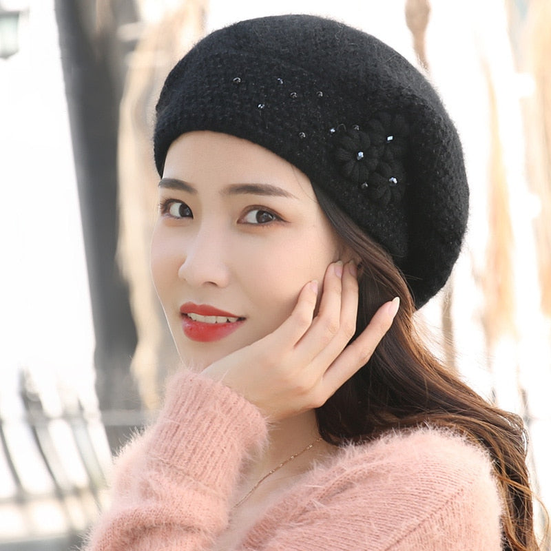 Beret Women Hat Angora Winter Warm Flower Soft Double Layers Thermal Snow Outdoor Accessory Female