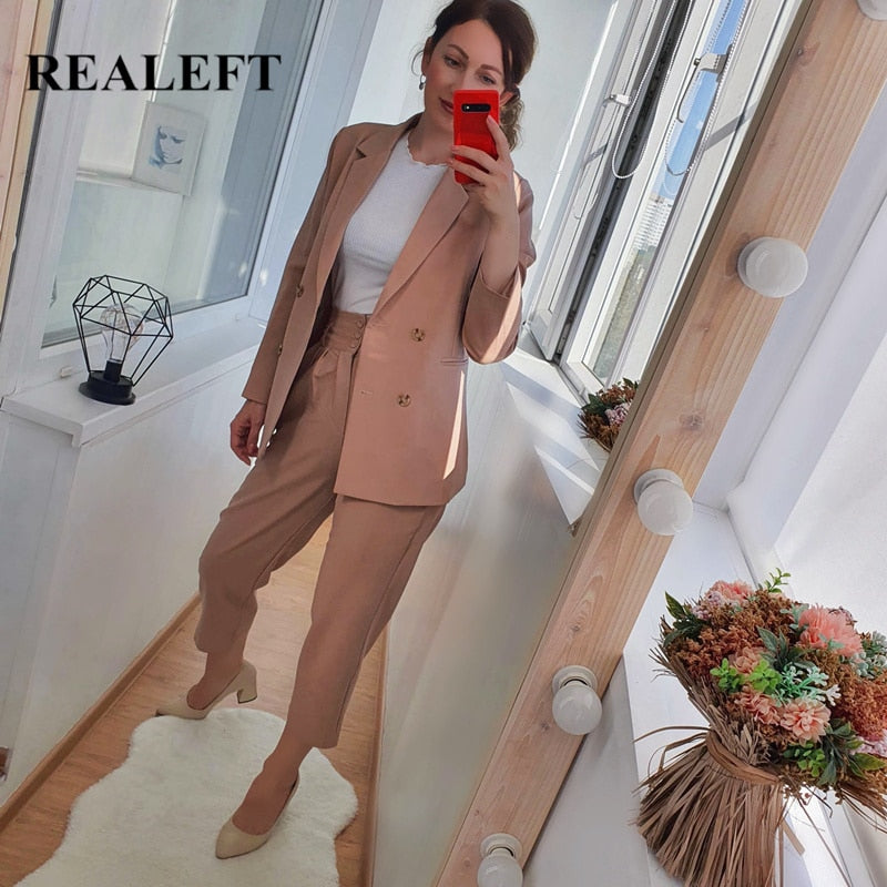 REALEFT 2021 New Autumn Winter Women's Pant Suit Double Breasted Notched Blazer Jacket & Pant Office Wear Women Suit Female Sets