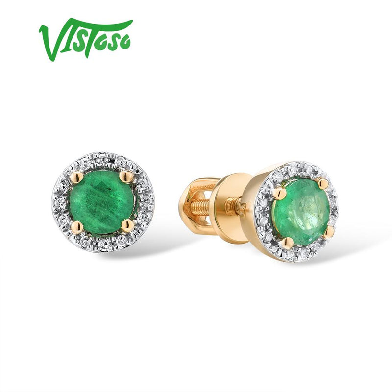 VISTOSO Gold Earrings For Women Genuine 14K 585 Yellow Rose Gold Round 4mm Emerald Blue Sapphire Ruby Stud Earrings Fine Jewelry