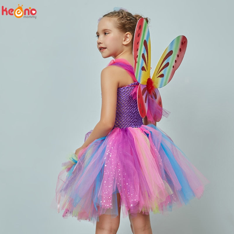 Girls Butterfly Fairy Fancy Tutu Dress Wings Costume Kids Princess Birthday Party Halloween Cosplay Kids Spring Tulle Dress