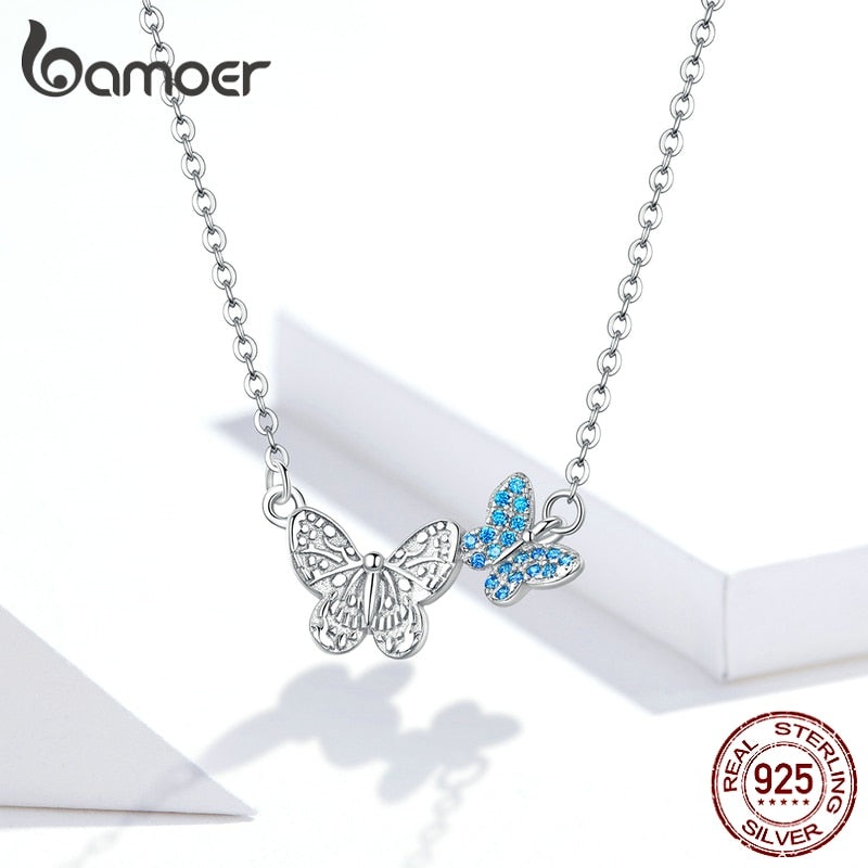 Bamoer 925 Sterling Silver Blue Zircon Flying Butterfly Necklace Women Birthday Gift Korean Style Fashion Jewelry Gift SCN384