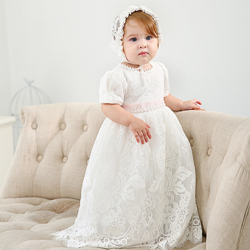 Hetiso Weißes Kleinkinderkleid für die Taufe Baby Mädchen Spitzenkleider mit Hut Kinderkleidung Taufe Geburtstag Outfits 3-24 Monate