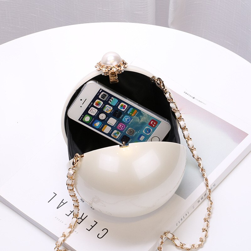 Pearl Acrylic Handbags Luxury Evening Clutches Round Party Prom Purses Personality Wedding Wallets Chain Bags Free Shipping