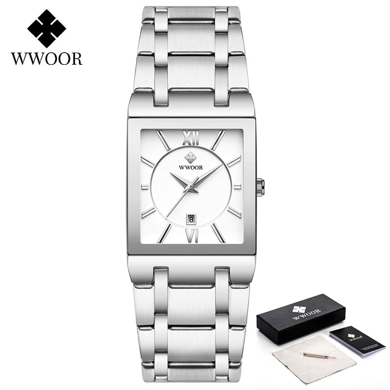 WWOOR Watch For Men Top Brand Luxury Gold Square Wrist Watch Men Business Quartz Steel Strap Waterproof Watch Reloj Hombre 2021