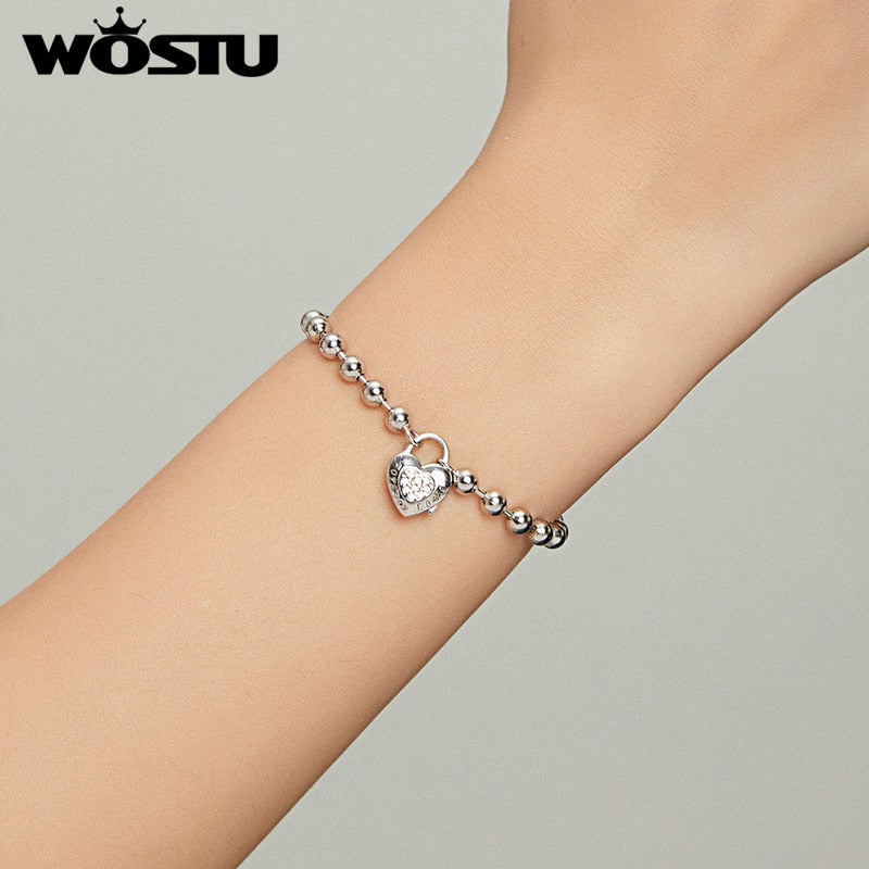 WOSTU Real 925 Sterling Silver Heart Bracelet  Bead Chain Bracelet For Women Wedding Original Bracelet Authentic Jewelry CQB203