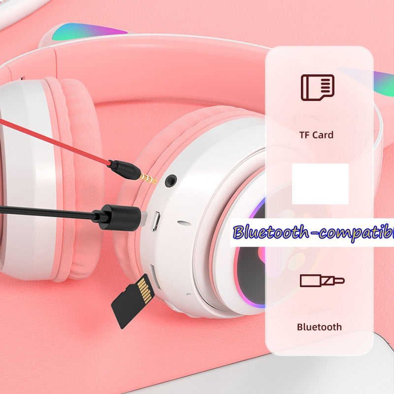 Cat Ear Wireless Headphones Blue-tooth 5.0 RGB Earphones Bass Noise Cancelling Adults Kids Girl Headset Support TF Card Mic