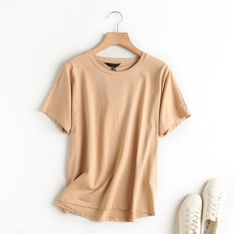 Tangada 2022 women khaki basic cotton T shirt short sleeve O neck tees ladies casual tee shirt street wear top 6D5