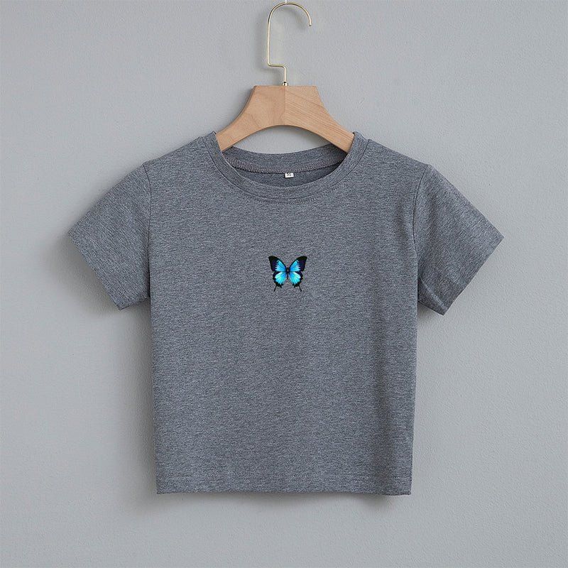 Fashion Cartoon Blue Butterfly Print Crop Top Harajuku O Neck Cropped T Shirt Cute Women T-shirt Gothic Women Tshirt Streetwear