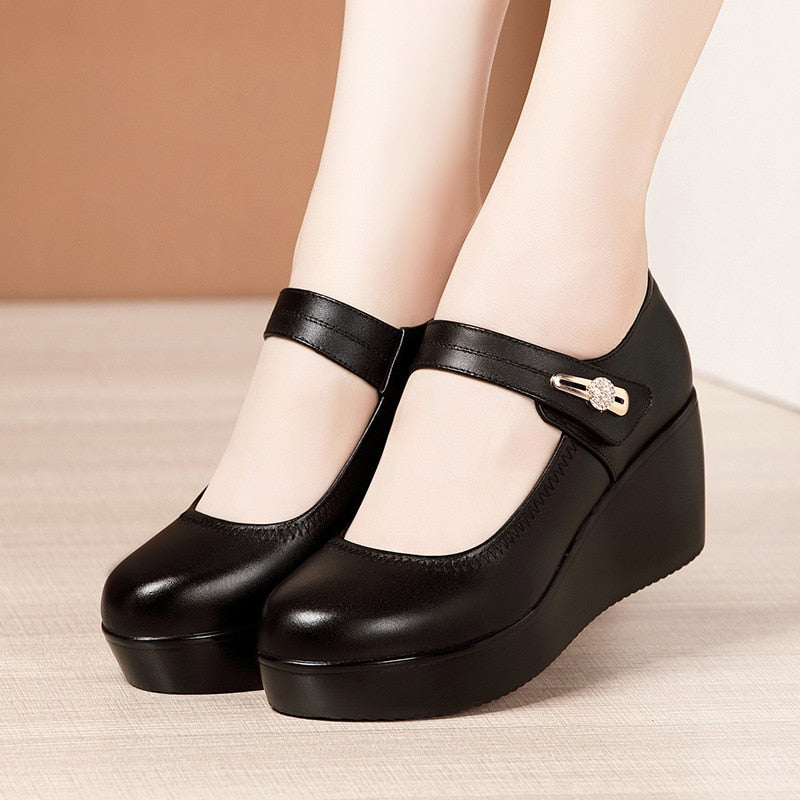 GKTINOO 2022 Spring Leather Shoes Women Platform Wedges Shoe High Heels Round Toe Comfortable Black Women Pumps Large Size 33-43