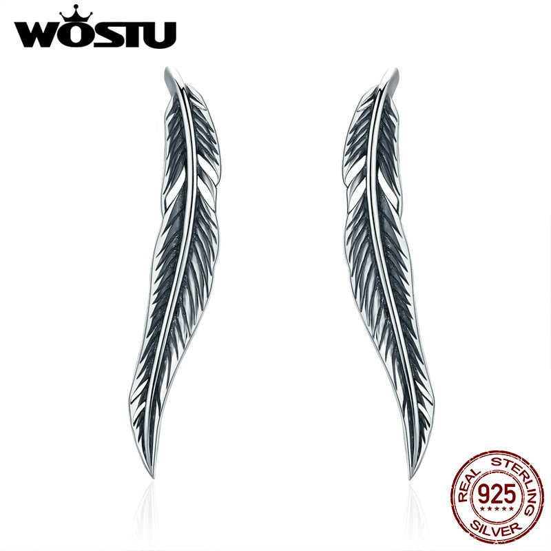 WOSTU Romantic 925 Sterling Silver Vintage Feathers Retro Wings Stud Earrings for Women Luxury Silver Jewelry Gift CQE258